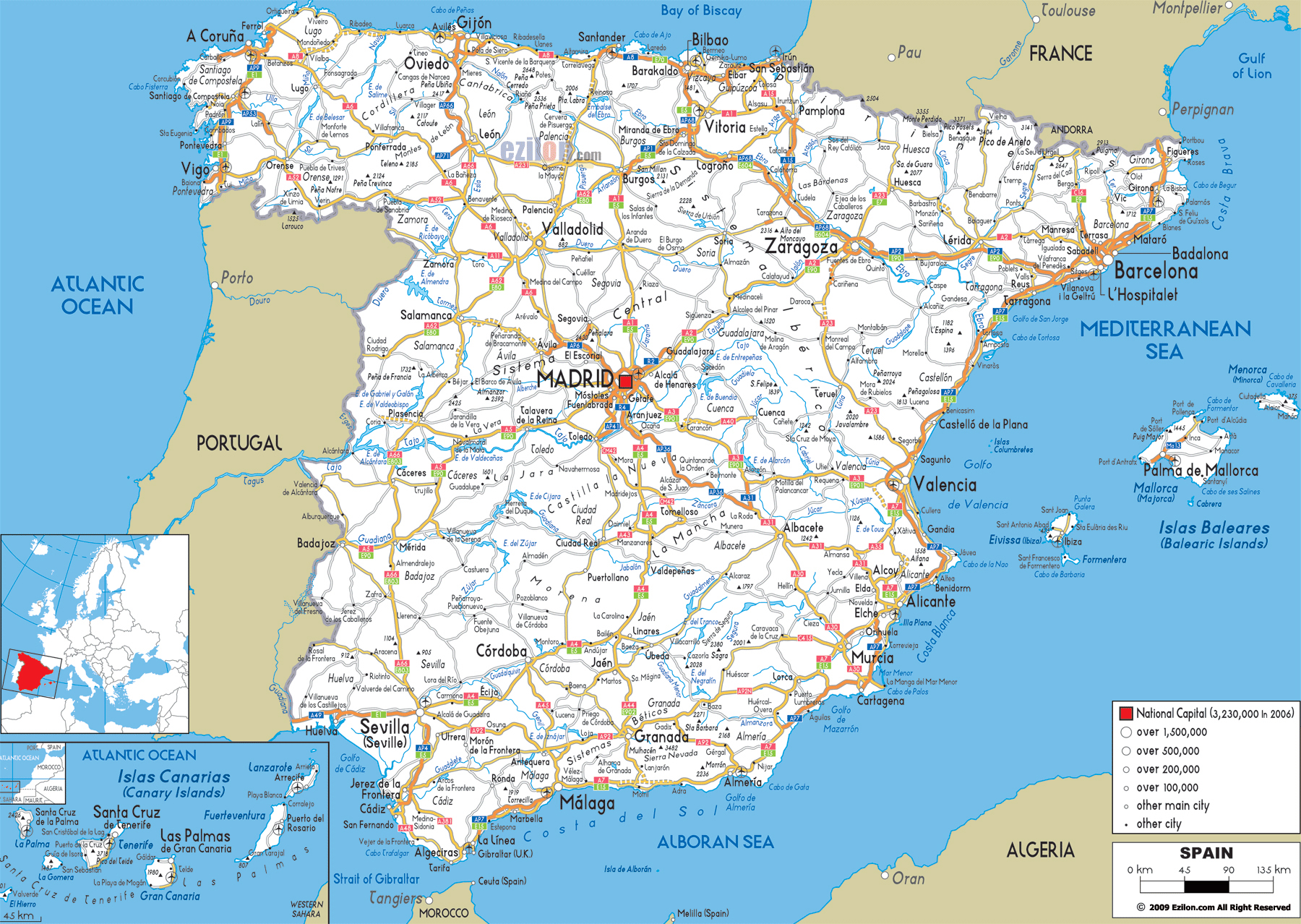 Large detailed road map of Spain with all cities and airports | Vidiani