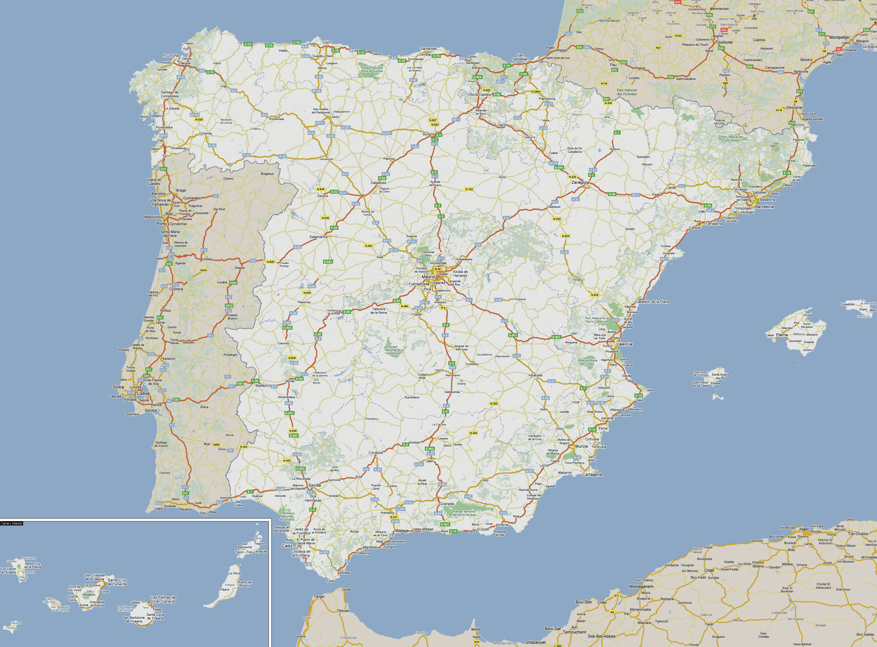 Large detailed highways map of Spain and Portugal with cities
