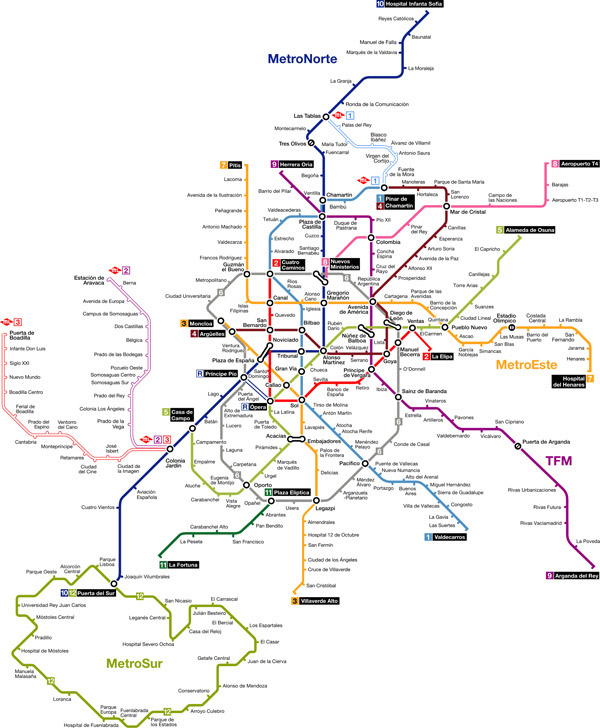 Large detailed metro map of Madrid city. Madrid city large detailed metro map.