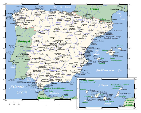 Map of Spain with cities. Spain map with cities.