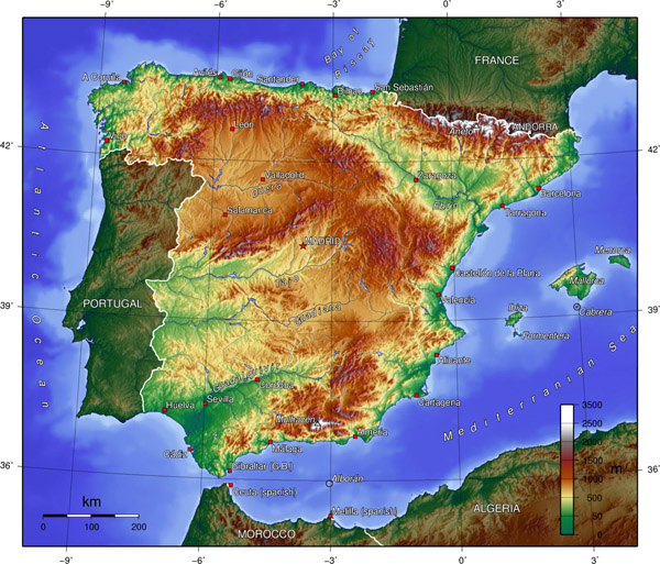 Physical map of Spain. Spain physical map.