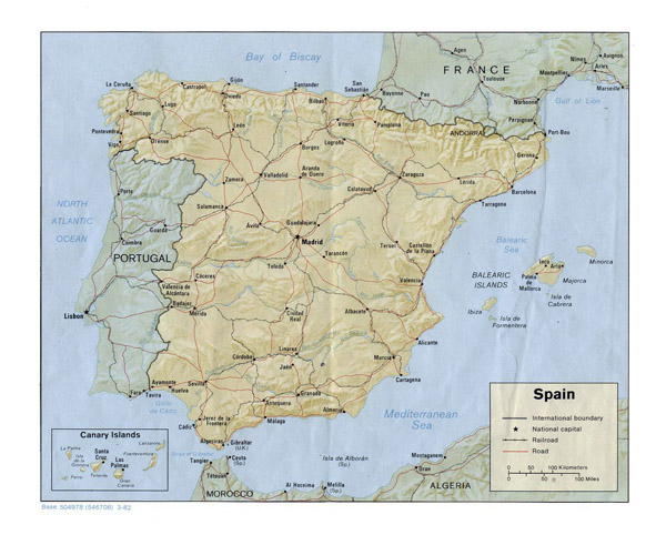 Relief and political map of Spain. Spain relief and political map.