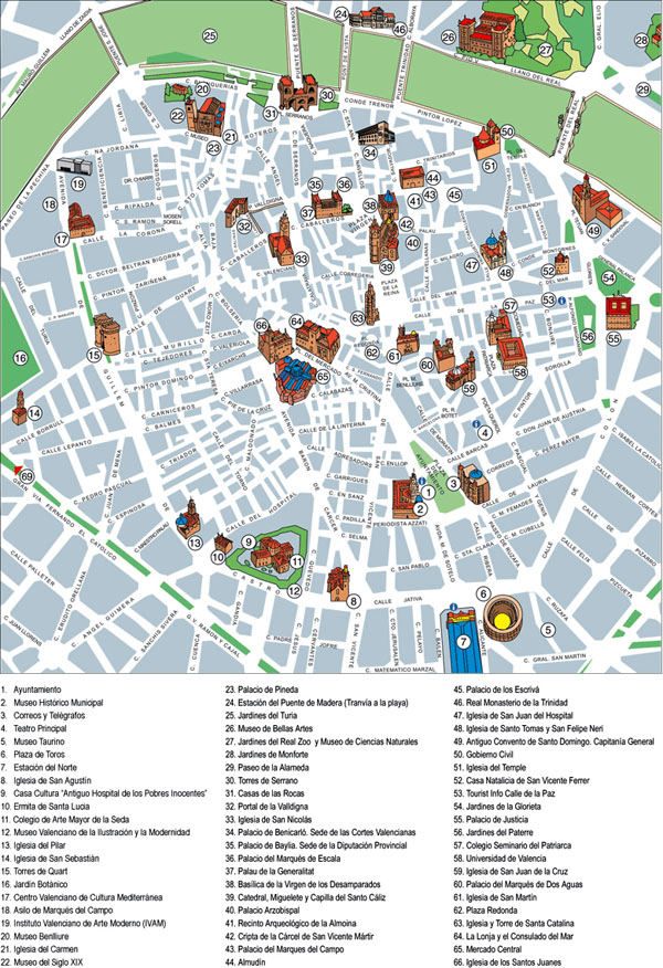 Detailed tourist map of central part of Valencia city in Spain.