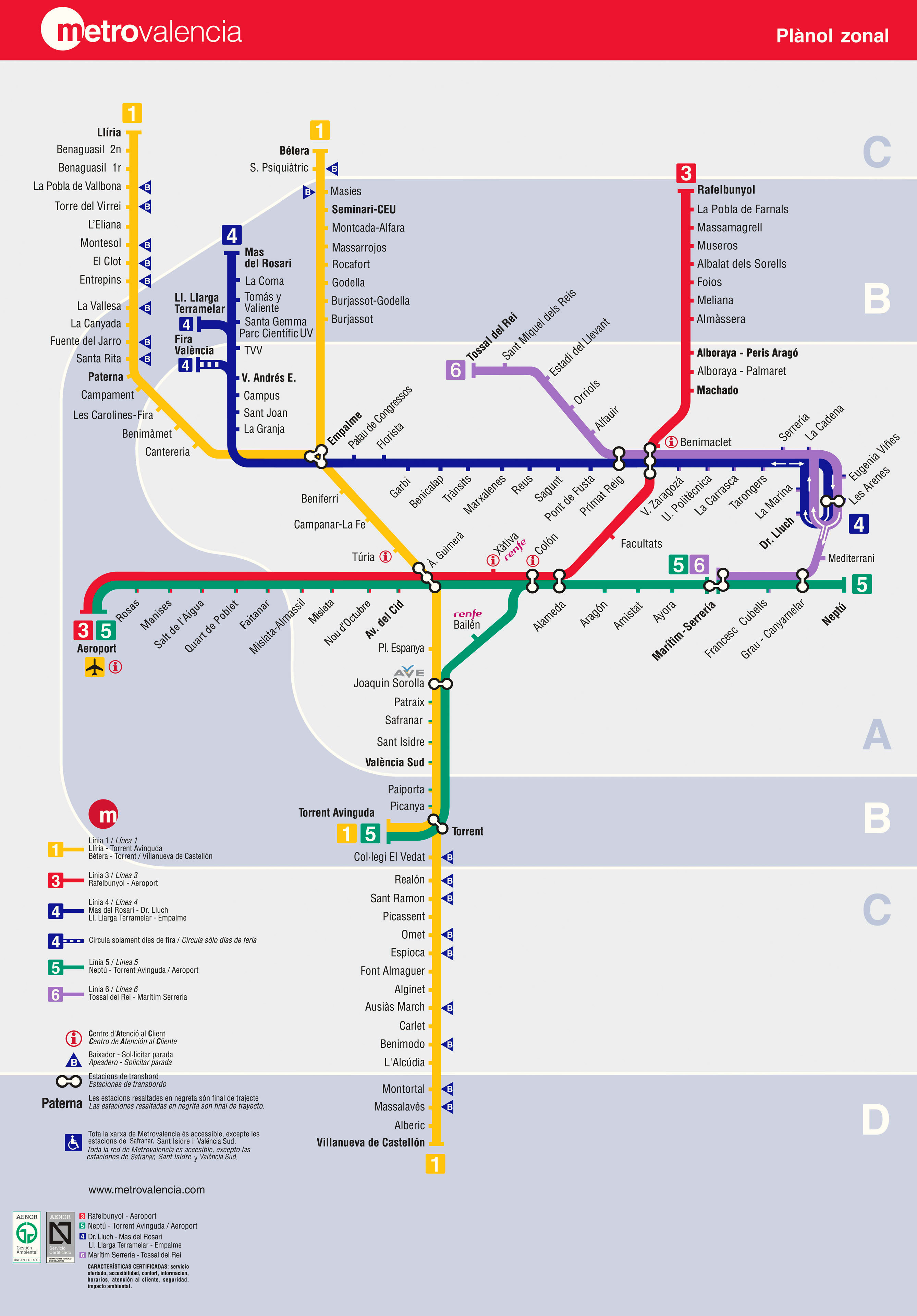Large detailed metro map of Valencia. Valencia large detailed metro map