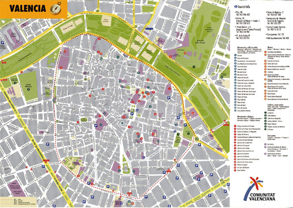 Large detailed tourist map of Valencia downtown.