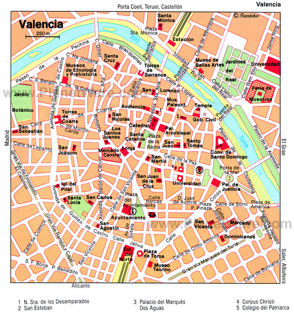 Tourist map of Valencia city center. Valencia city center tourist map.