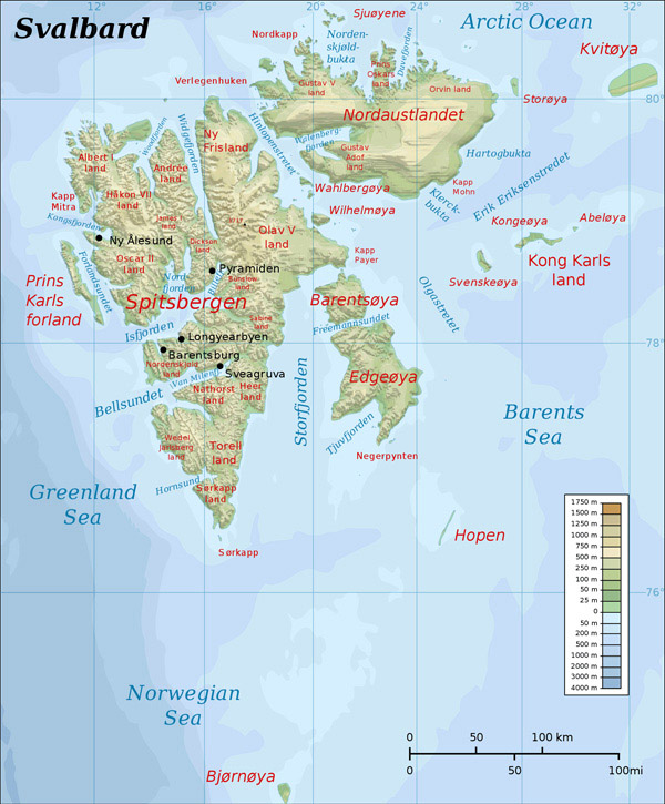 Large detailed topographic map of Svalbard. Svalbard large detailed topographic map.