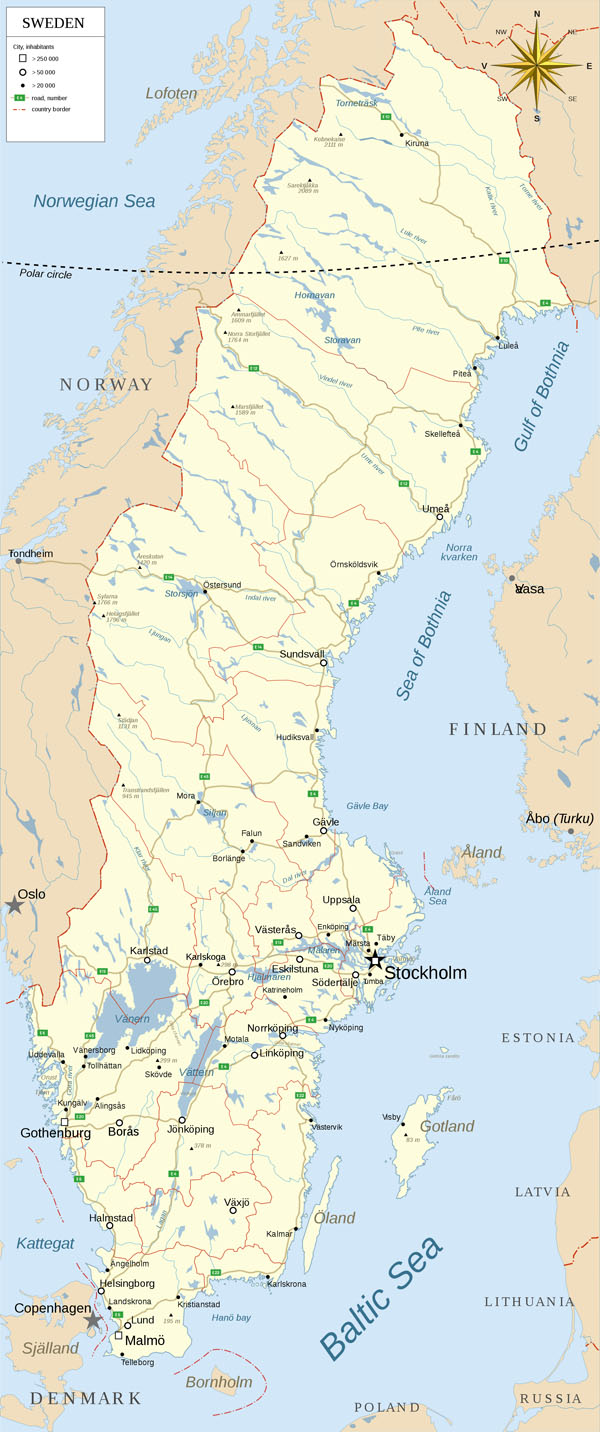 Detailed map of Sweden with administrative divisions, roads and cities.