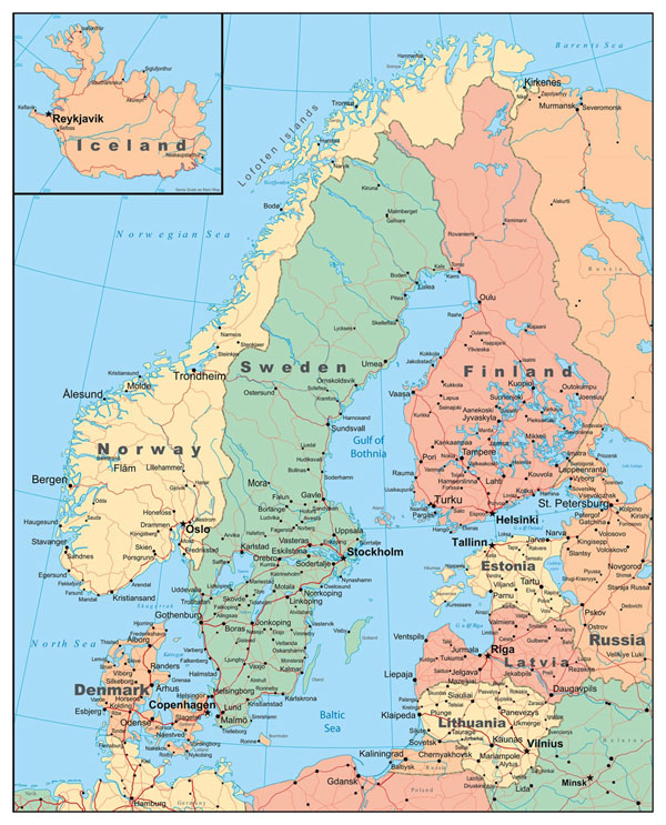 Detailed political map of Scandinavia with roads and major cities.