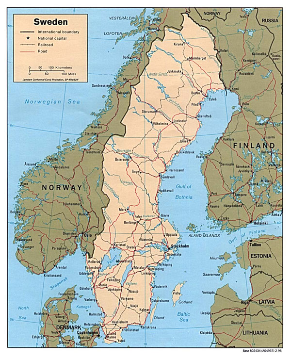 Detailed political map of Sweden - 1996.