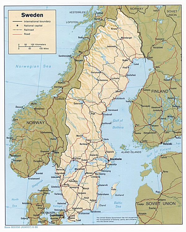 Detailed political map of Sweden with relief - 1986.