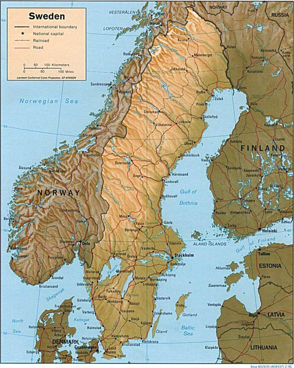 Detailed relief and road map of Sweden. Sweden detailed relief adn road map.