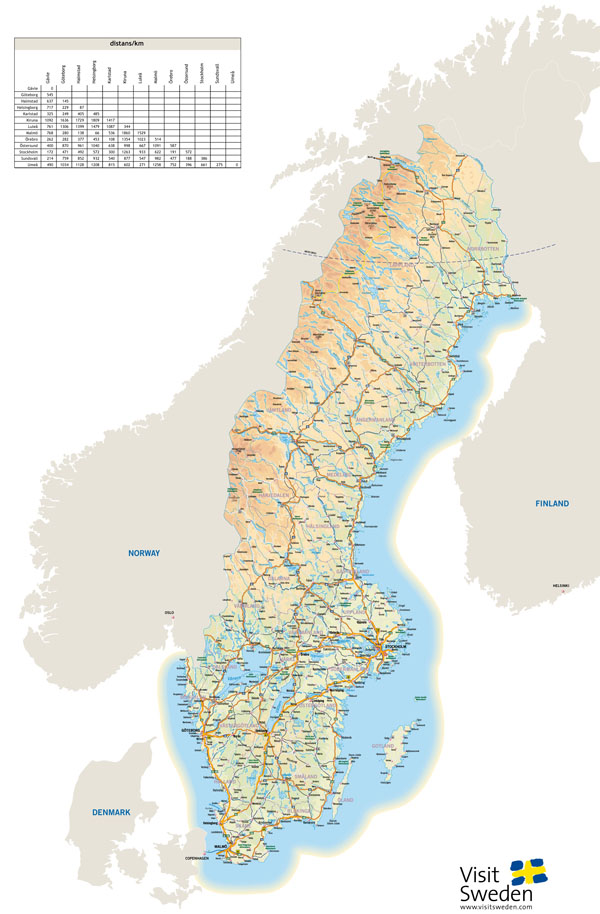 Large detailed highways map of Sweden with all cities and airports.