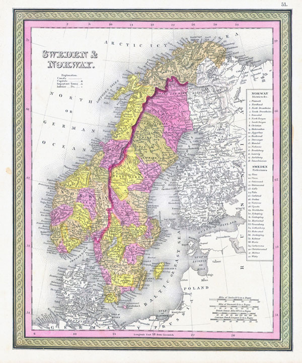 Large detailed old political and administrative map of Sweden and Norway - 1850.