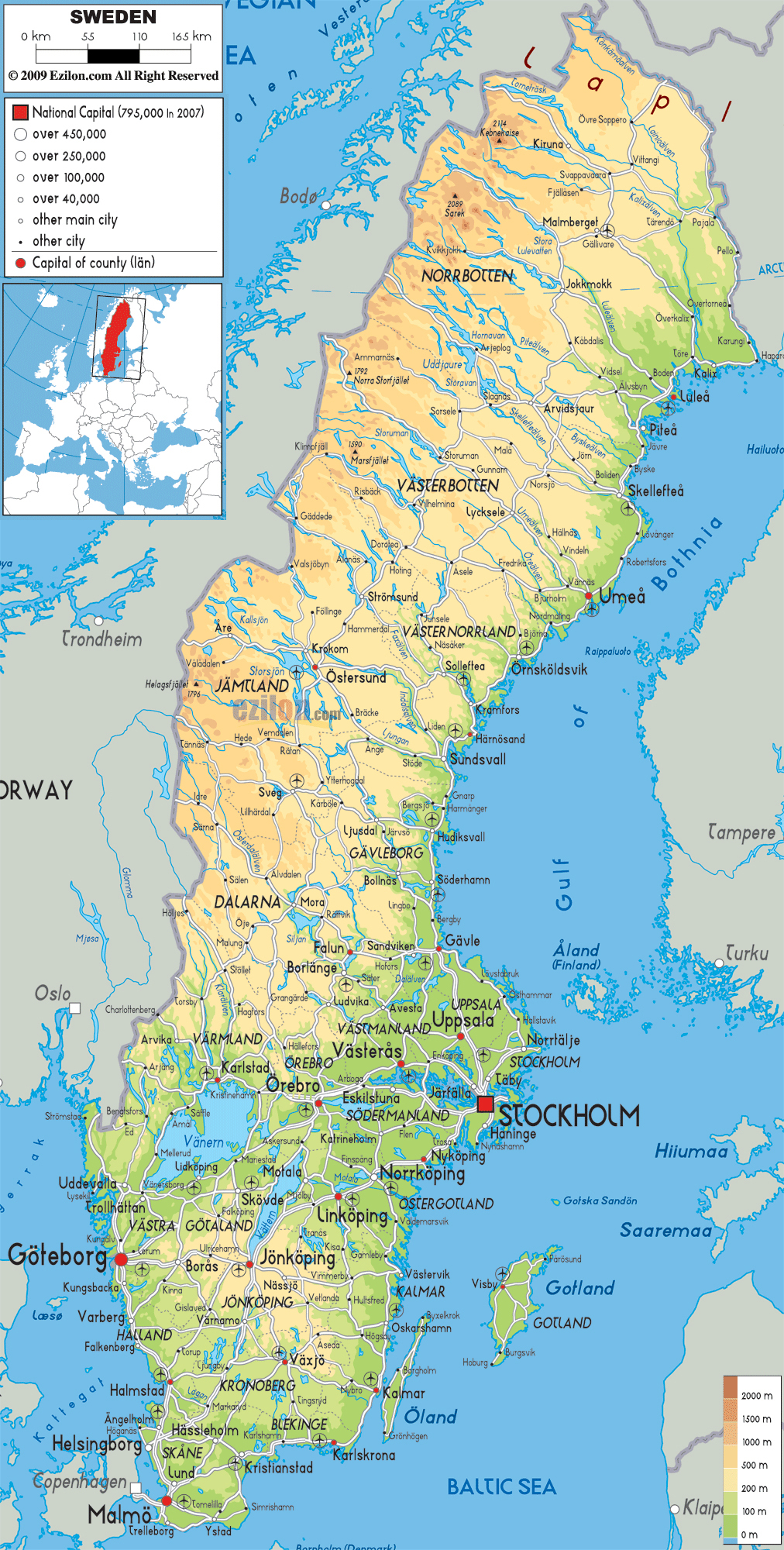Large detailed physical map of Sweden with all roads, cities and