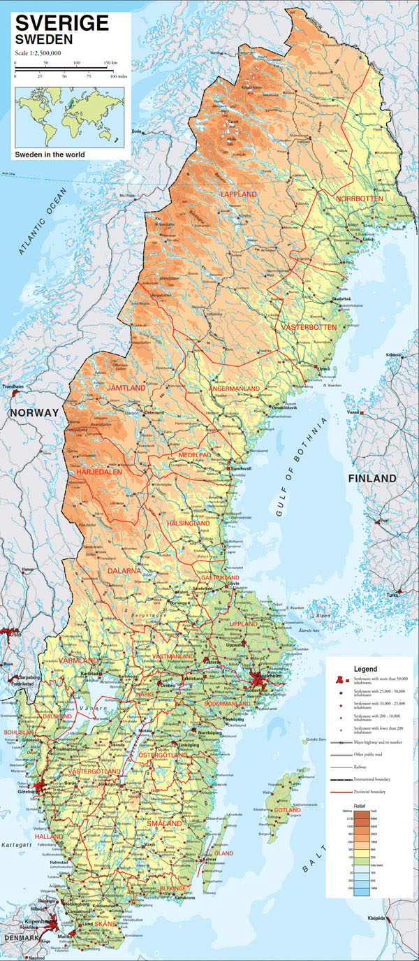 Large detailed physical map of Sweden with all roads, villages and cities.