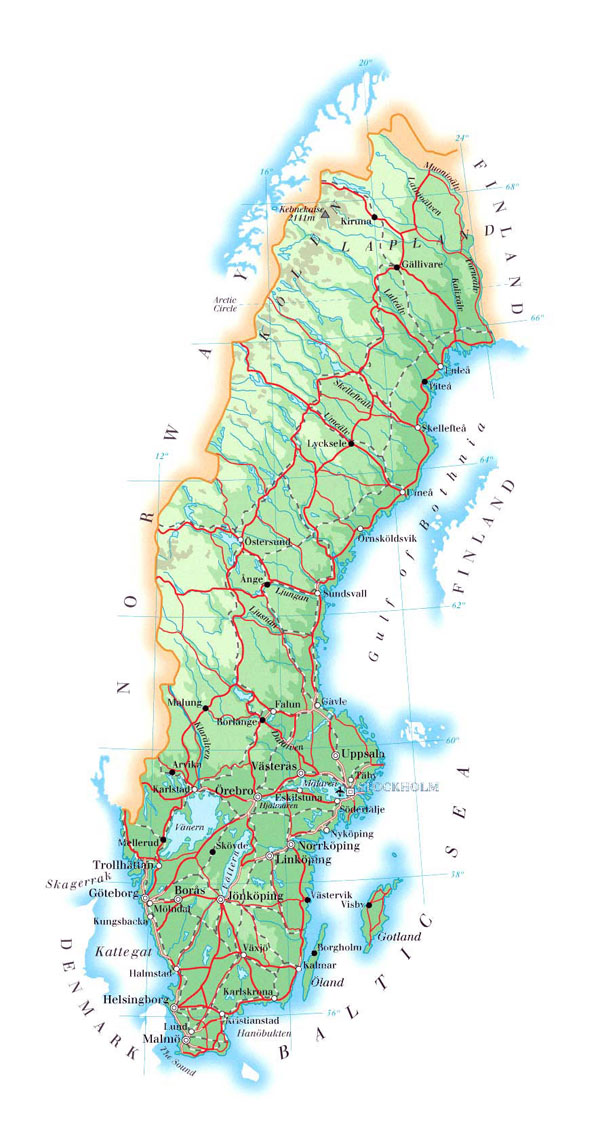 Large detailed physical map of Sweden with roads, cities and airports.