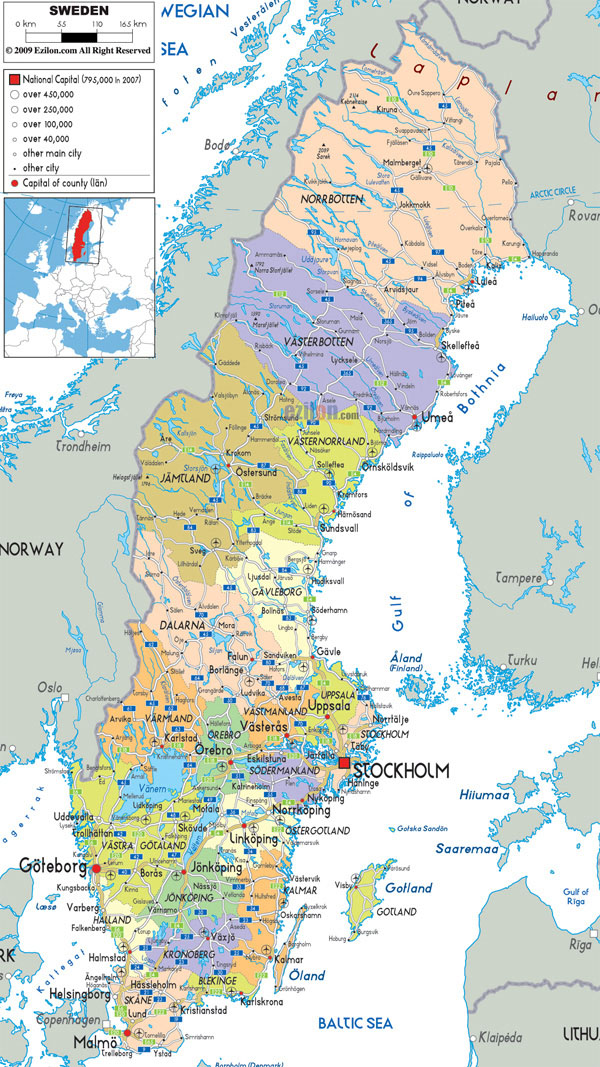 Large detailed political and administrative map of Sweden with all roads, cities and airports.