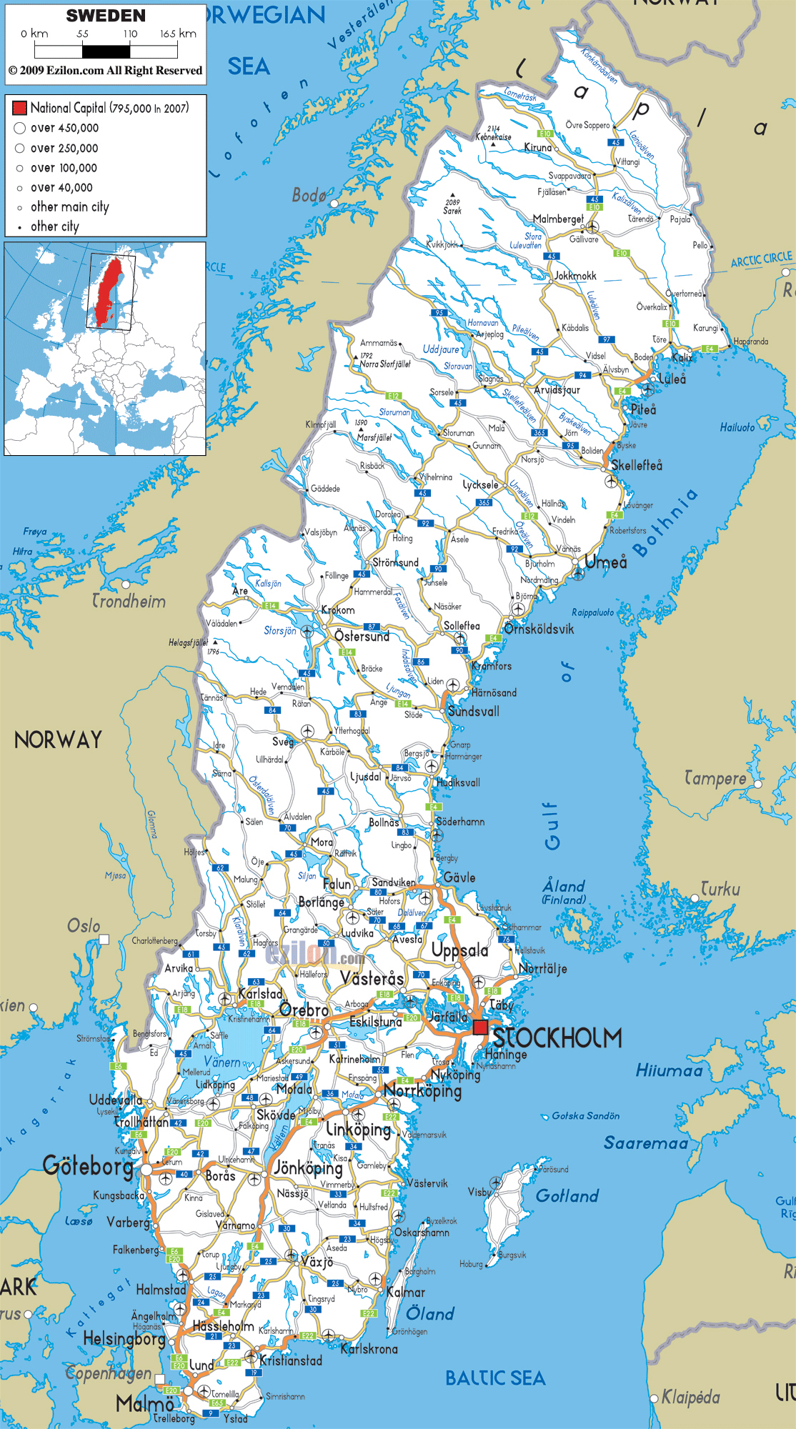 Large detailed road map of Sweden with all cities and airports