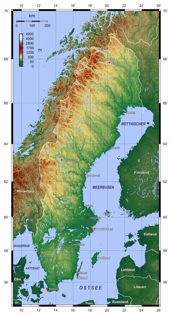 Large detailed topographical map of Sweden.