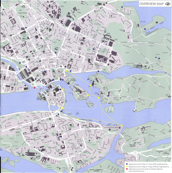 Large detailed road and tourist map of Stockholm city center with buildings.