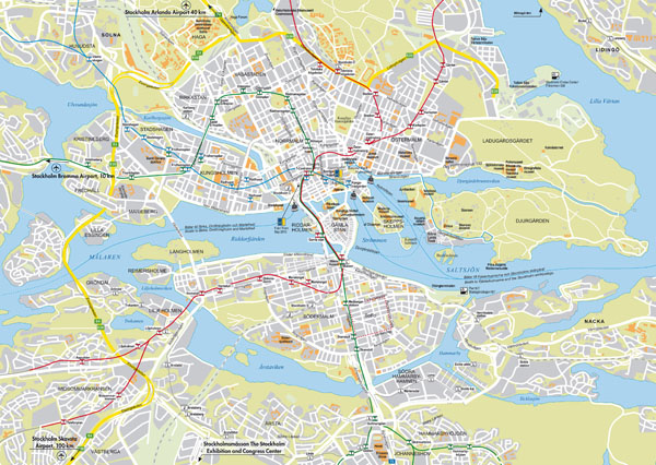 Large detailed roads map of Stockholm city.