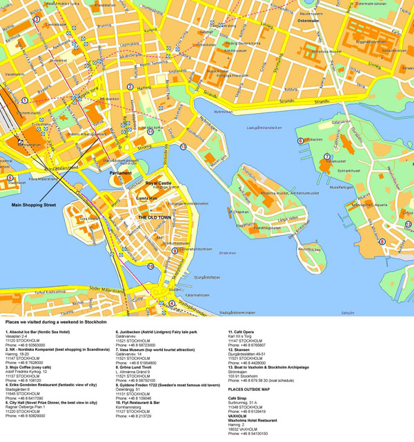 Large detailed tourist map of Stockholm city center.