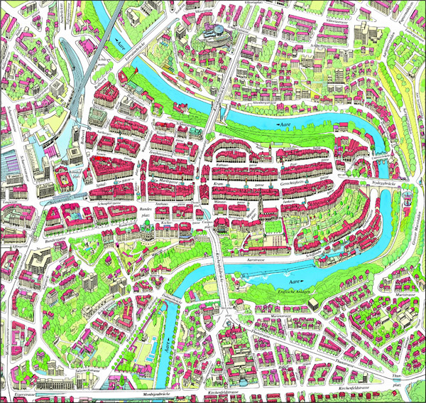 Large detailed panoramic map of Bern city center.