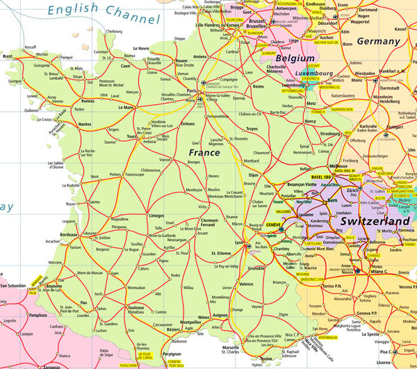 Detailed road map of France and Switzerland.