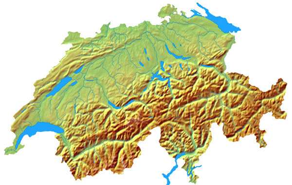 Detailed topographical map of Switzerland.