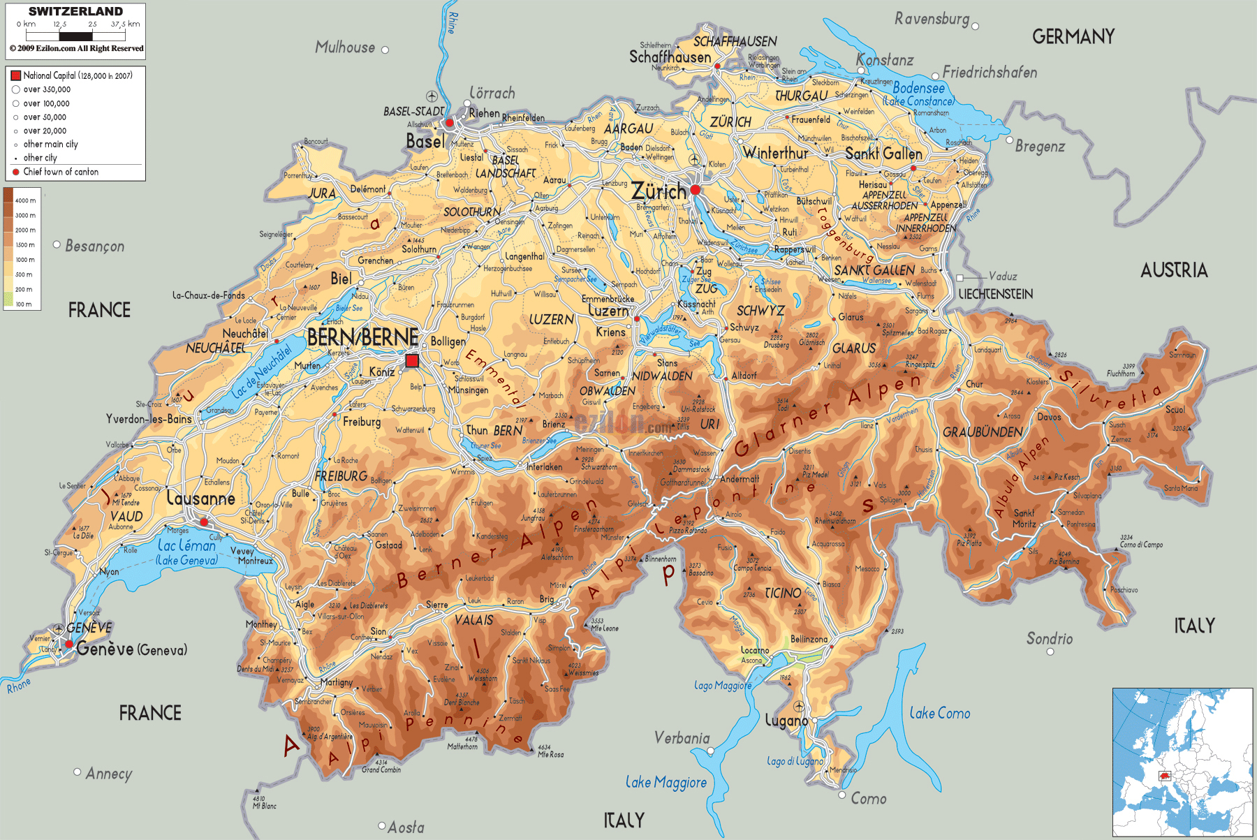 Large detailed physical map of Switzerland with all roads, cities and