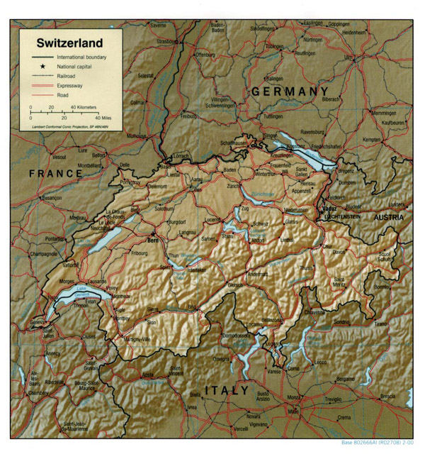 Large detailed political and relief map of Switzerland with cities, roads and railroads.