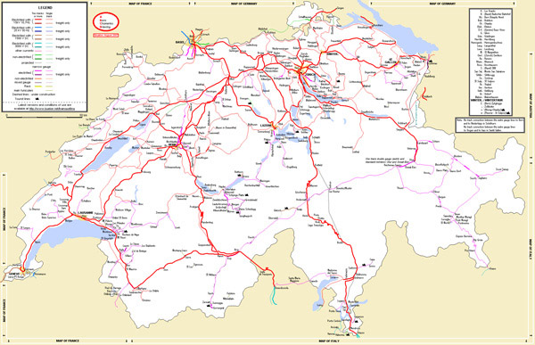 Large detailed rail network map of Switzerland with cities.