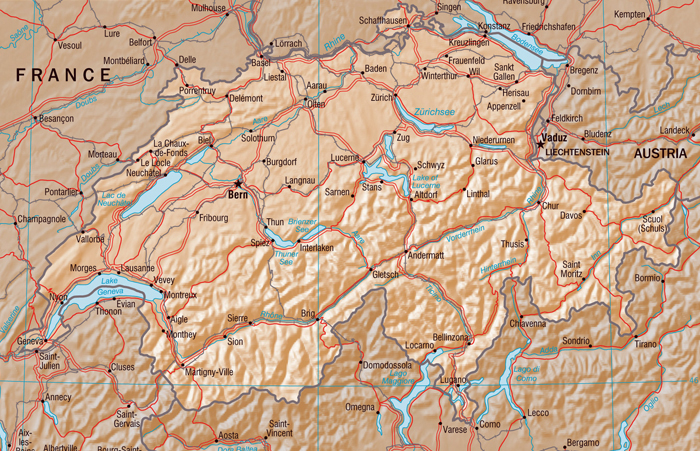 Relief map of Switzerland. Switzerland relief map.