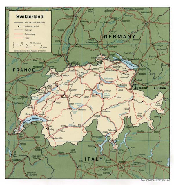 Road map of Switzerland. Switzerland road map.