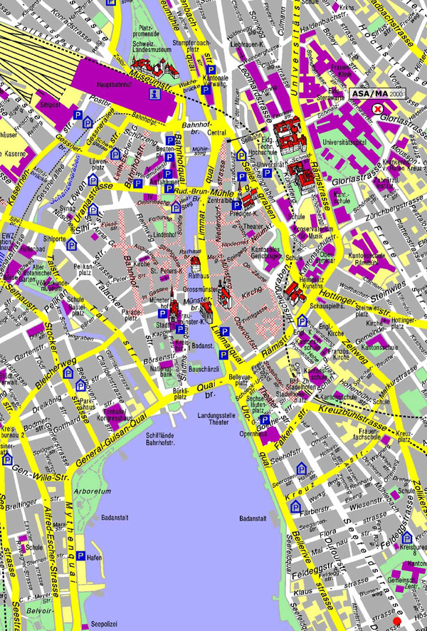 Detailed tourist map of Zurich city center.