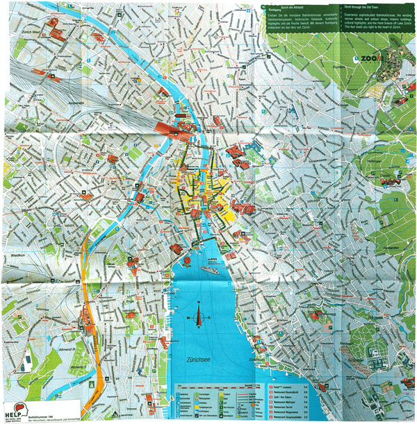 Large detailed tourist map of Zurich city.