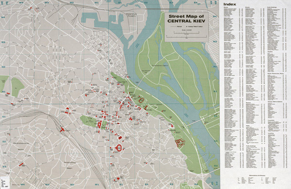 Large detailed road and tourist map of Kiev city center. Kiev city center large detailed road and tourist map. Large detailed road and tourist map of Kiev city center.