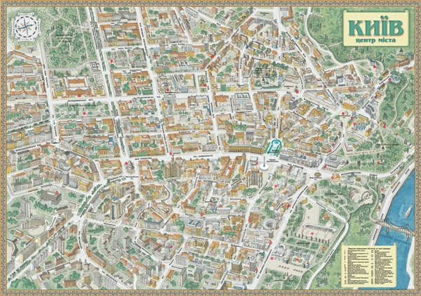 Large detailed tourist and panoramic map of Kiev city center.