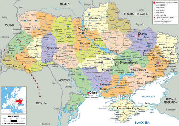 Large detailed political and administrative map of Ukraine with all roads, cities and airports.