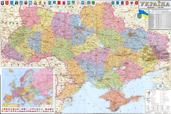 Large detailed political and administrative map of Ukraine with all roads, highways, cities, villages and airports in Ukrainian.