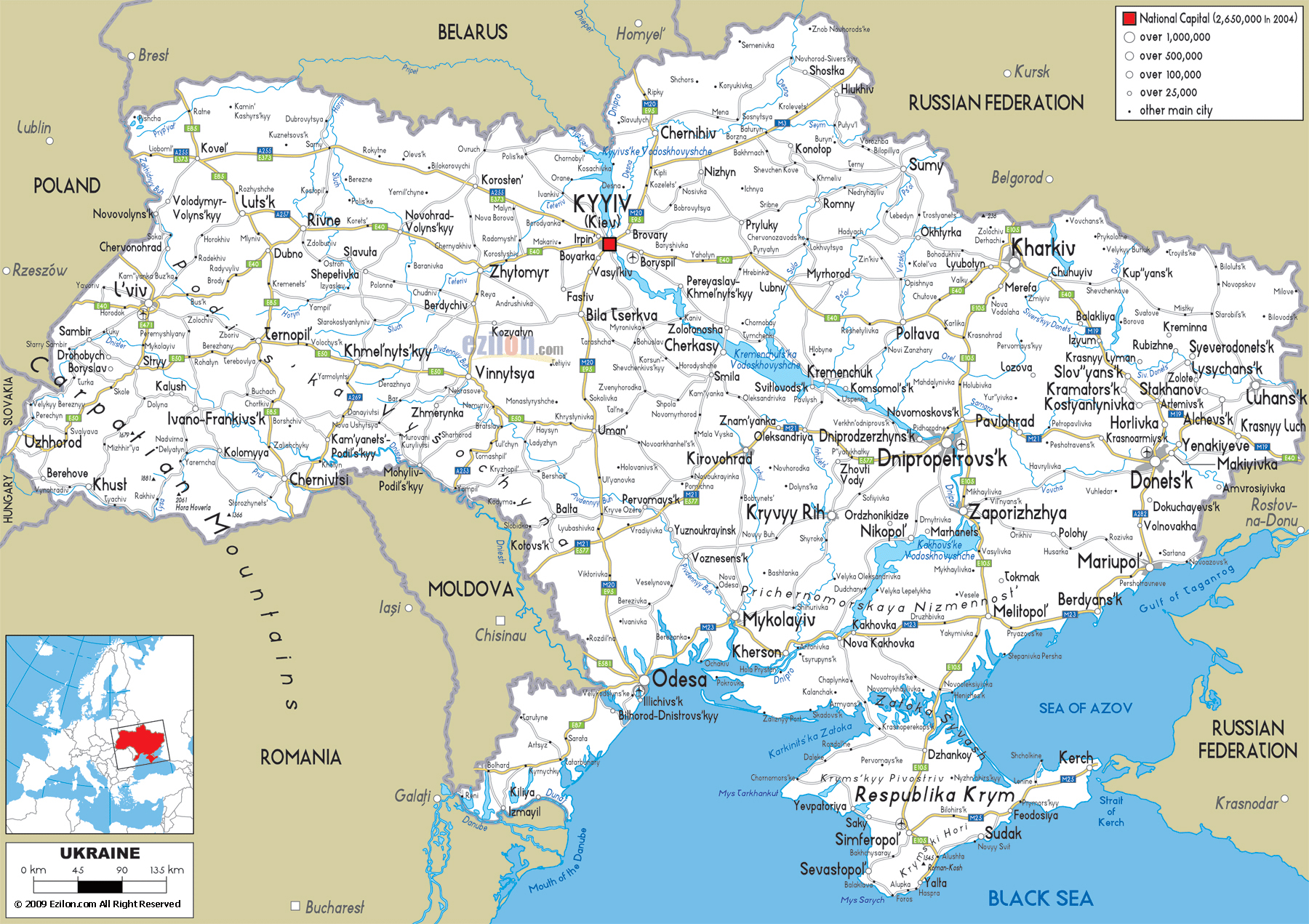 Large detailed road map of Ukraine with all cities and airports