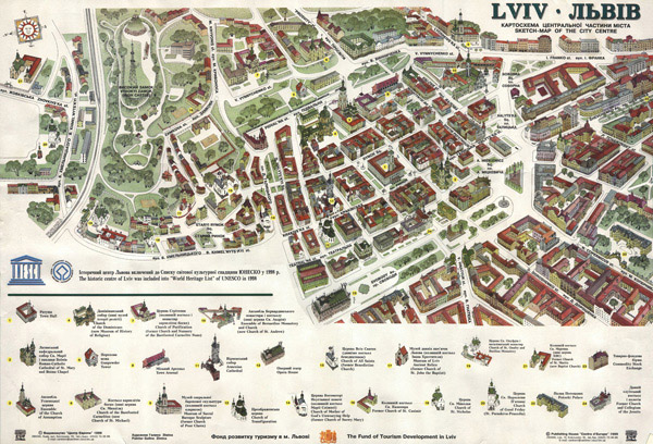 Large detailed panoramic and tourist map of Lviv city center.