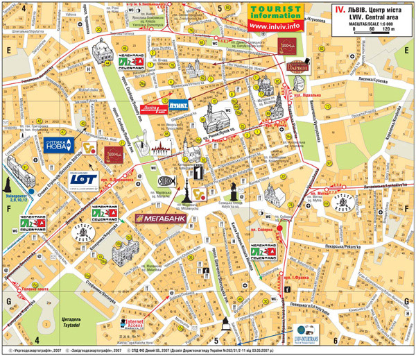 Large detailed tourist map of Lviv city center.