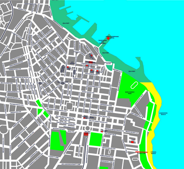 Large detailed hotels map of Odessa city center.