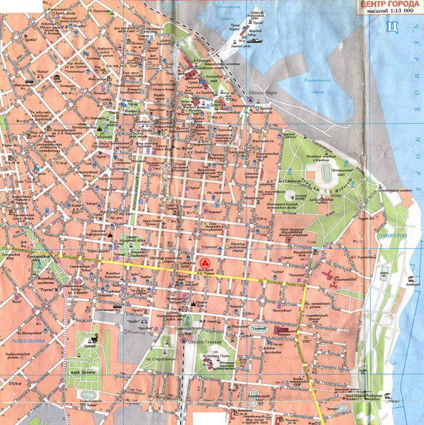 Large detailed street map of Odessa city center in Russian.