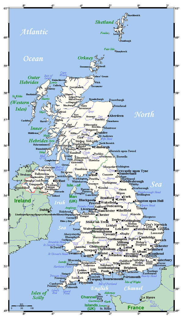 Detailed map of United Kingdom with cities. United Kingdom detailed map with cities.