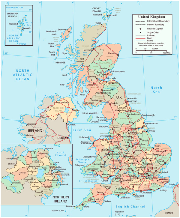 Detailed political and administrative map of United Kingdom with roads and cities.