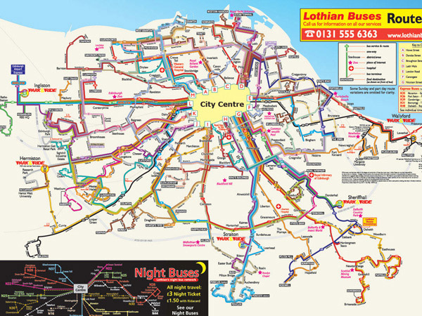 Detailed bus map of Edinburgh city. Edinburgh cityd detailed bus map.