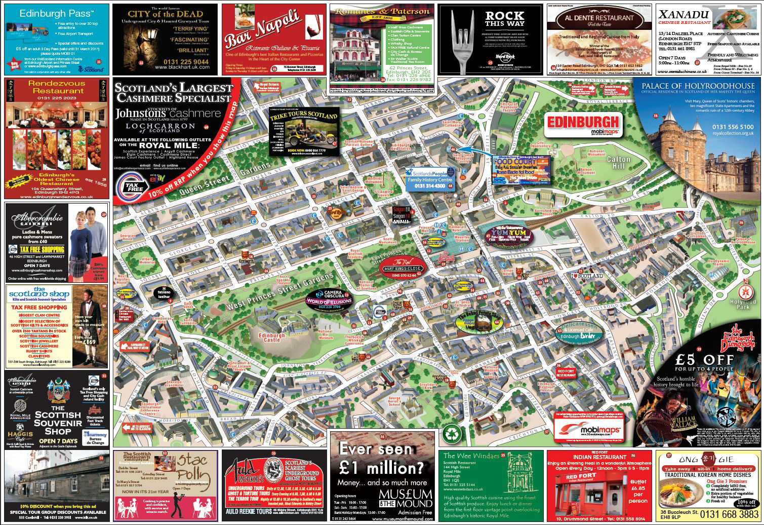 Large detailed tourist and info map of Edinburgh city center. Edinburgh